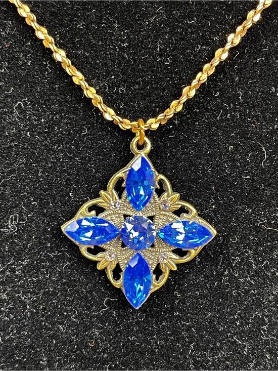 Anne Koplik Jewelry - Rare Vintage Anne Koplik Brass Necklace Romantic Royal Blue Pendant 16”-18" USA